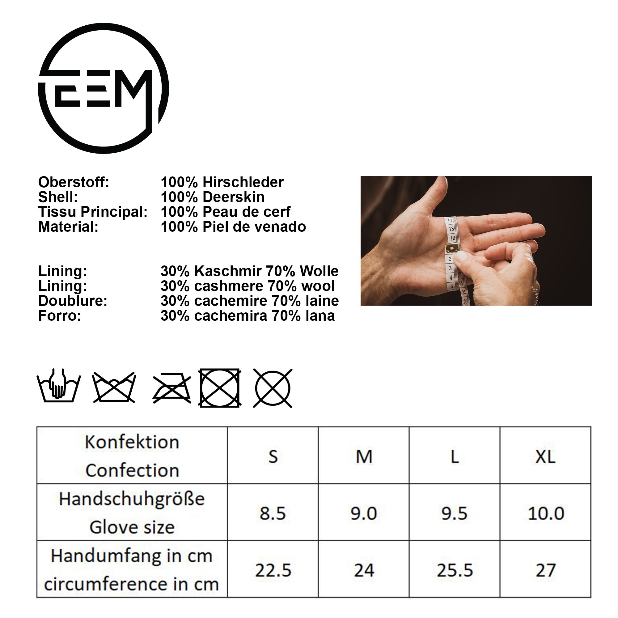 EEM Herren Lederhandschuhe, edles Hirschleder, weiches Futter aus Kaschmir und Wolle, handgenäht